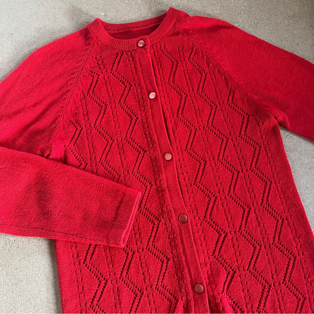 Vintage Cherry Red Women's Hand knit Cardigan Sweater